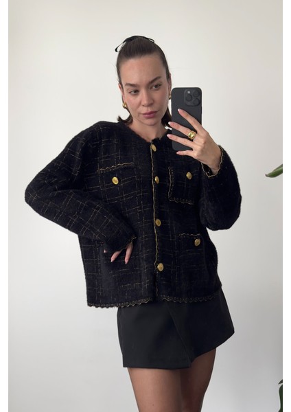 Ekose Desen Simli Triko Hırka- Siyah