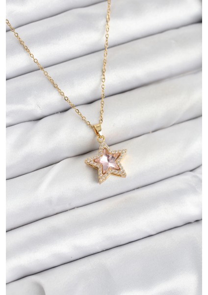 316L Çelik Zincir Pembe Taşlı Yıldız Model Kadın Kolye