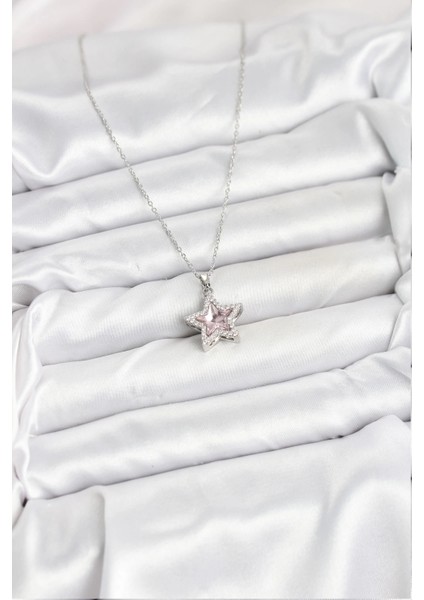 316L Çelik Zincir Gümüş Renk Pembe Taşlı Yıldız Model Kadın Kolye fiyatları