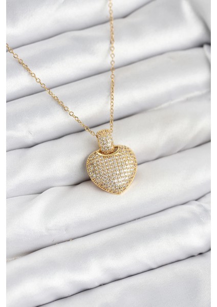 316L Çelik Zincir Gold Renk Zirkon Taşlı Kalpli Kadın Kolye