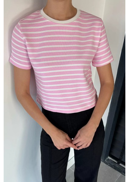 Kadın Şerit Desenli Bisiklet Yaka Tişört P-00018593 fiyatları