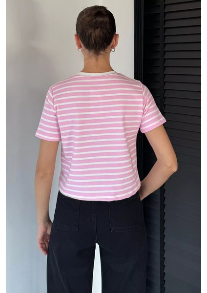 Kadın Şerit Desenli Bisiklet Yaka Tişört P-00018593 fırsatları