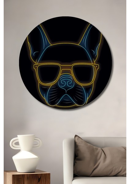 Tarz Sahibi Fransız Bulldog Dekoratif Ahşap Mdf Işyeri Duvar Tablo Yuvarlak Işyeri Duvar Tablo