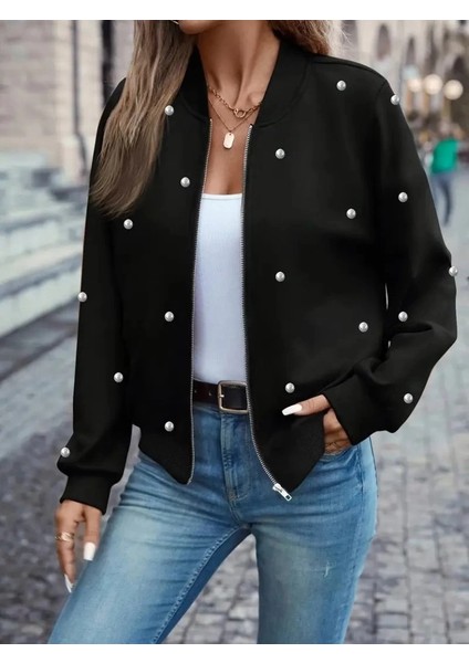 Mdb Kadın Uzun Kollu Önden Fermuarlı Incili Kısa Modal Ceket modelleri