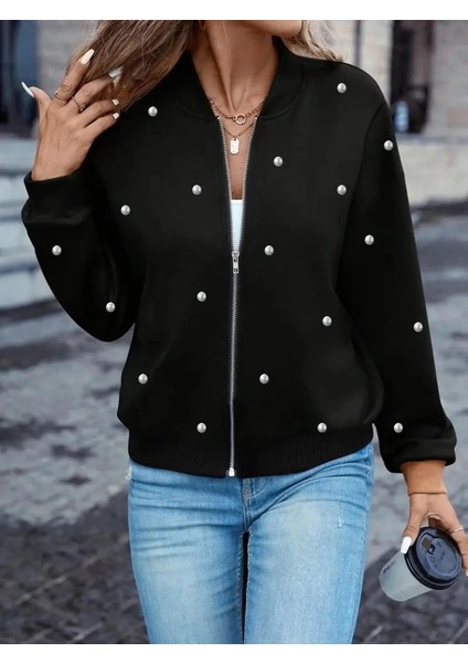 Mdb Kadın Uzun Kollu Önden Fermuarlı Incili Kısa Modal Ceket indirimleri