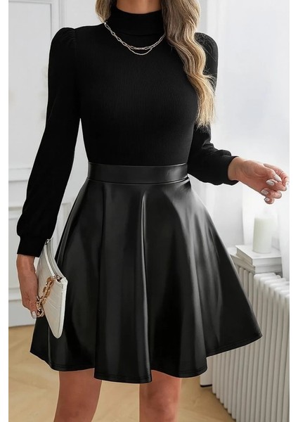 Mdb Kadın Uzun Kollu Balıkçı Yaka Üst Kaşkorse Alt Deri Detaylı Mini Elbise fiyatları