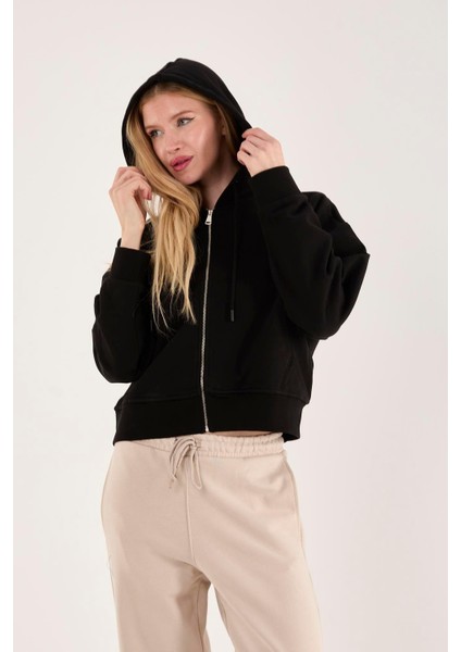 %100 Pamuk Kapüşonlu Fermuarlı Kadın Sweatshirt