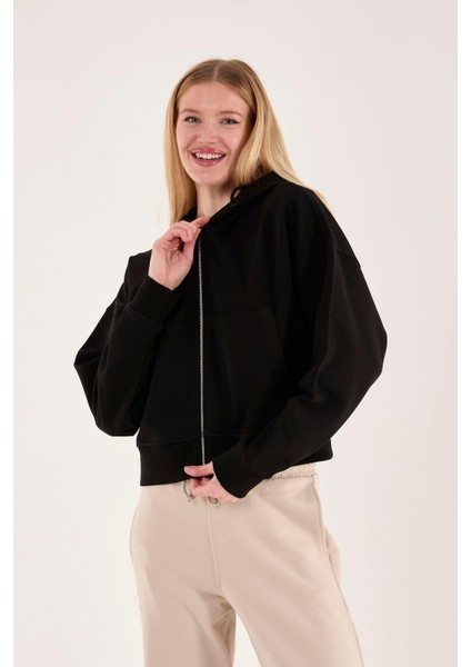 %100 Pamuk Kapüşonlu Fermuarlı Kadın Sweatshirt fırsatları