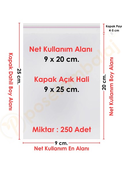 9X20+5 CM.(9X25) 250 Adet Şeffaf Bantlı Yapışkanlı Opp Poşet