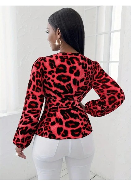 Mdb Kadın Uzun Kollu Kruvaze Yakalı Belden Kuşaklı Leopar Desenli Süprem Bluz fiyatları