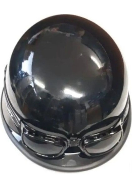 Motosiklet ve Bisiklet Yarım Kask Retro Gözlüklü Chopper Cruiser Kaskı Parlak Black