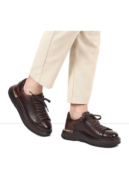 Erkek Kahverengi Kalın Tabanlı Deri Sneaker