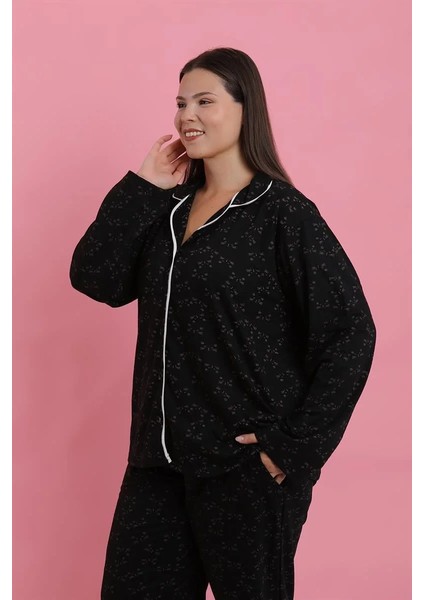 Kadın Büyük Beden Siyah Beyaz Biyeli Desenli Düğmeli Pijama Takımı