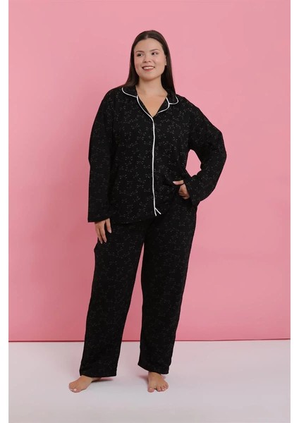 Kadın Büyük Beden Siyah Beyaz Biyeli Desenli Düğmeli Pijama Takımı fiyatları