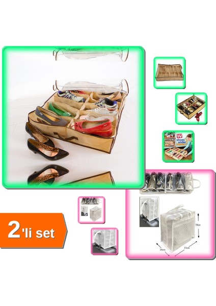 Shoes Under (Portatif Ayakkabı Saklama Hurcu) + Ayakkabı Saklama ve Taşıma Çantası (Çizgili Model) Shoe Tote - 2'li Set G7H8I9