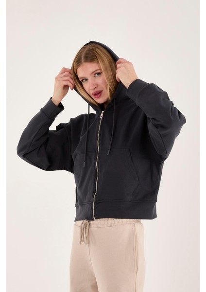 %100 Pamuk Kapüşonlu Fermuarlı Kadın Sweatshirt