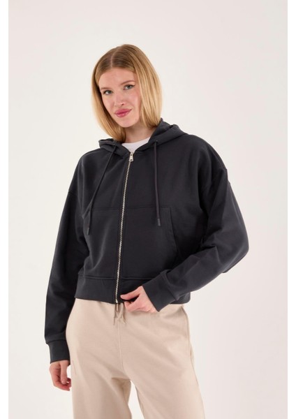 %100 Pamuk Kapüşonlu Fermuarlı Kadın Sweatshirt