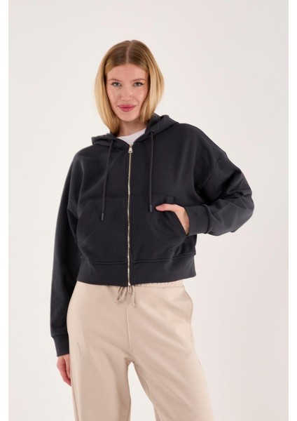 %100 Pamuk Kapüşonlu Fermuarlı Kadın Sweatshirt