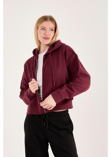 %100 Pamuk Kapüşonlu Fermuarlı Kadın Sweatshirt