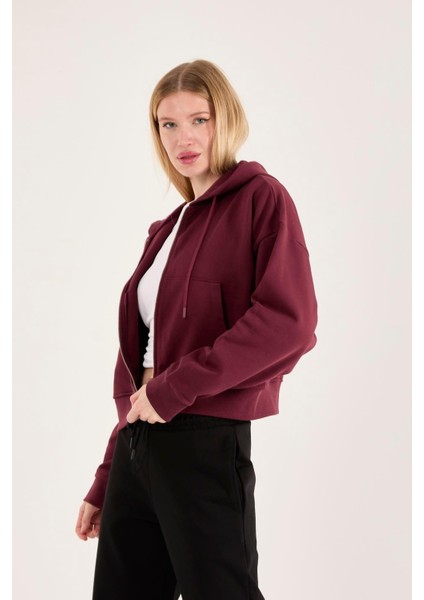 %100 Pamuk Kapüşonlu Fermuarlı Kadın Sweatshirt