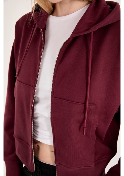 %100 Pamuk Kapüşonlu Fermuarlı Kadın Sweatshirt