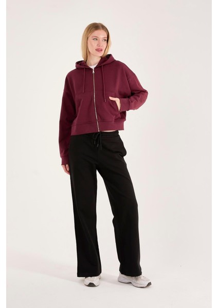 %100 Pamuk Kapüşonlu Fermuarlı Kadın Sweatshirt