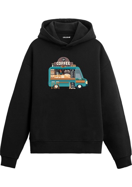 Kahve Arabası Baskılı Hoodie