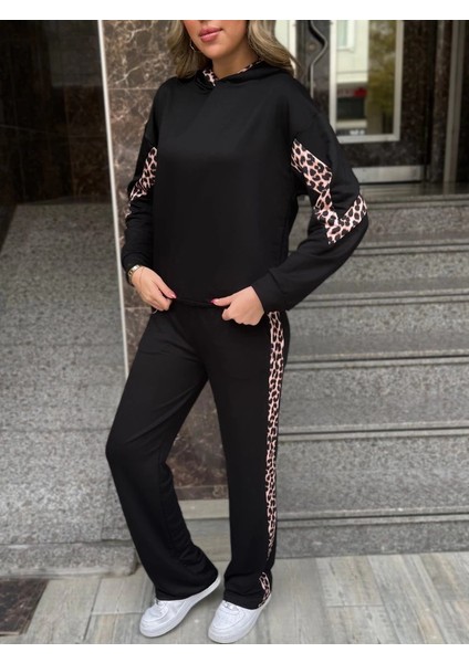 Mdb Kadın Kapüşonlu Leopar Detay Weat ve Yüksek Bel Yanları Leopar Şeritli Bol Paça Pantolon Ikili Takım modelleri