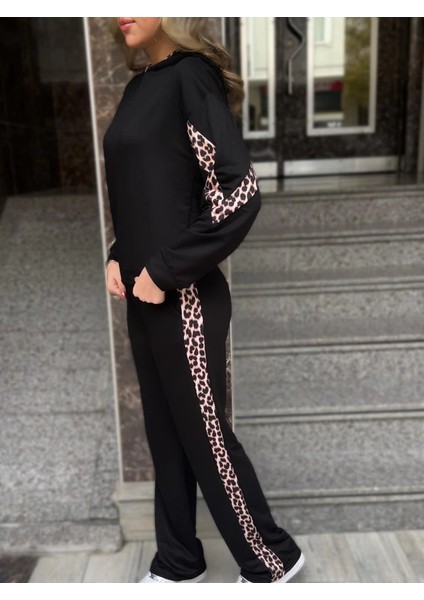 Mdb Kadın Kapüşonlu Leopar Detay Weat ve Yüksek Bel Yanları Leopar Şeritli Bol Paça Pantolon Ikili Takım fırsatları