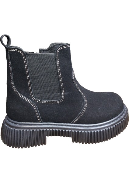 1087 Filet Unisex Erkek ve Kız Çocuk Bot Siyah Süet Yanı Lastikli ve Fermuarlı Anatomik