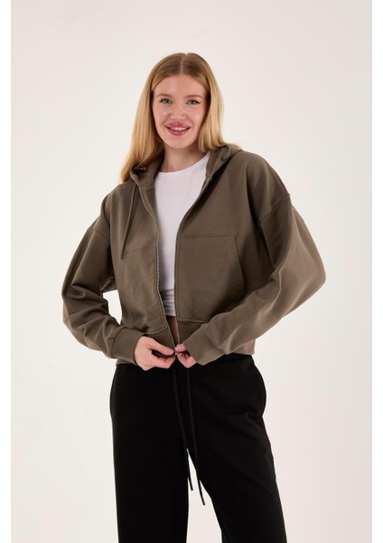 %100 Pamuk Kapüşonlu Fermuarlı Kadın Sweatshirt