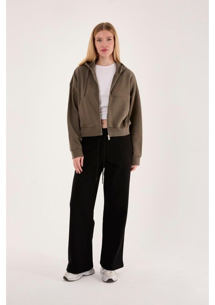 %100 Pamuk Kapüşonlu Fermuarlı Kadın Sweatshirt