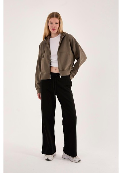 %100 Pamuk Kapüşonlu Fermuarlı Kadın Sweatshirt