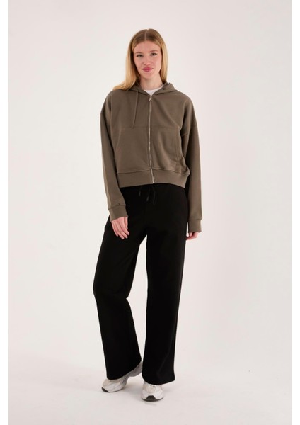 %100 Pamuk Kapüşonlu Fermuarlı Kadın Sweatshirt