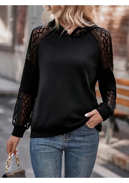Mdb Kadın Uzun Kollu Dantelli Kapşonlu Viskon Iki Iplik Bluz fırsatları