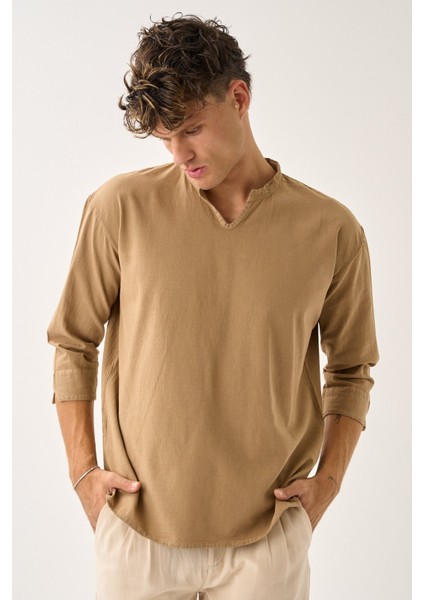Erkek Fakir Kol V Yaka Rahat Kalıp %100 Pamuk Gömlek E211 fırsatları
