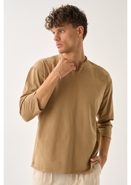 Erkek Fakir Kol V Yaka Rahat Kalıp %100 Pamuk Gömlek E211
