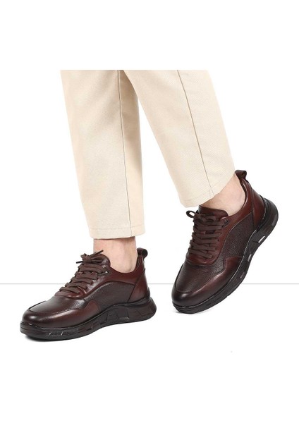 Erkek Kahverengi Bağcıklı Kalın Tabanlı Deri Sneaker
