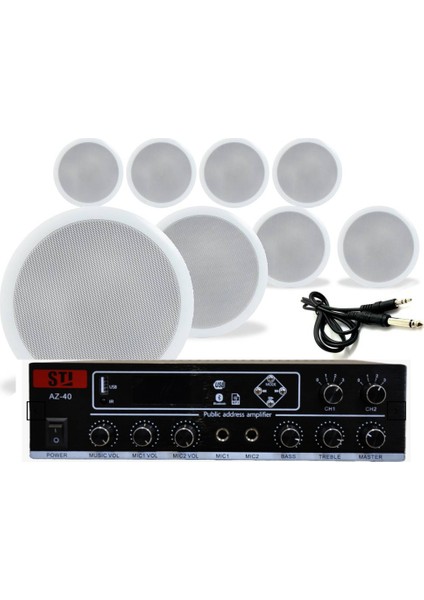 8’li Beyaz Tavan Hoparlörlü 100V Anfi Ses Sistemi | Kafe Mağaza Ofis Müzik Seti