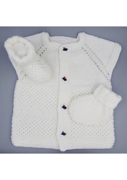 Beyaz Petek El Örgüsü Bebek Yelek-Patik Takım