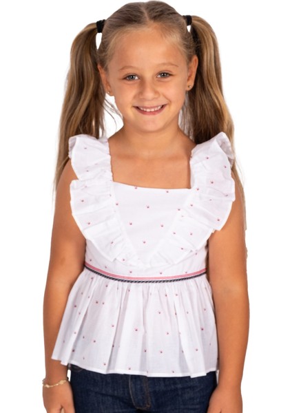 %100 Pamuk Nakışlı Fırfırlı Yazlık Kız Çocuk Bluz