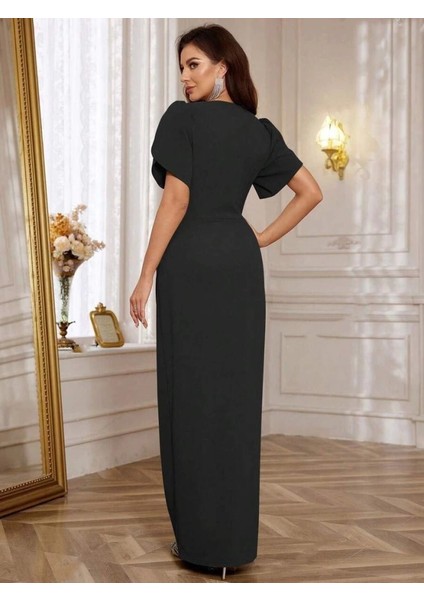 Mdb Kadın Kısa Kollu Kruvaze Yakalı Belden Çiçek Aksesuarlı Yırtmaçlı Ithal Krep Elbise modelleri