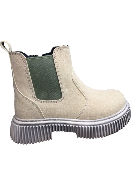 1087 Filet Unisex Erkek ve Kız Çocuk Bot Bej Süet Yanı Lastikli ve Fermuarlı Anatomik