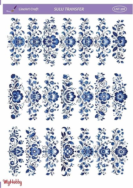 LNT398 Mavi Tonları Çoklu Çiçek Desenli Açık Zemin Sulu Transfer 25*35 cm