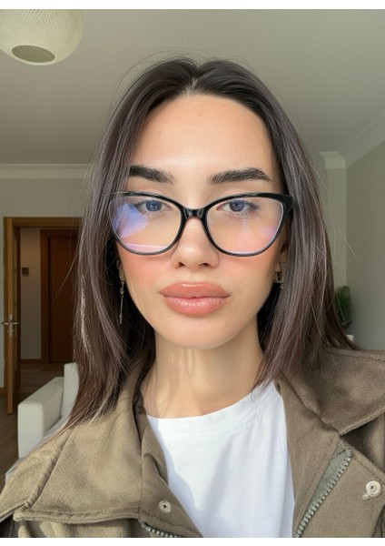 NAncy Siyah Vog Cat Eye 56 Ekartman Çekik Blue Block Mavi Işık Korumalı Cam Değişebilir