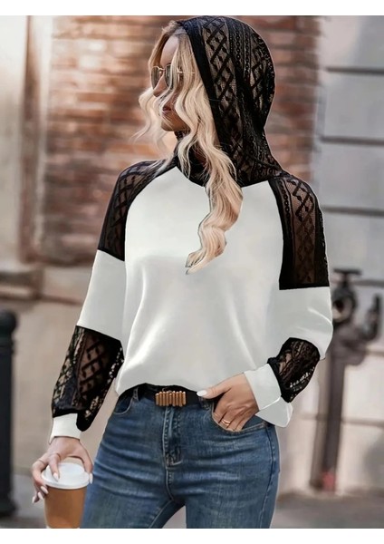 Mdb Kadın Uzun Kollu Dantelli Kapşonlu Viskon Iki Iplik Bluz