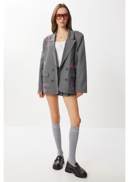 Oversize Vatkalı Işlemeli Dokuma Ceket LRG0054 Antrasit