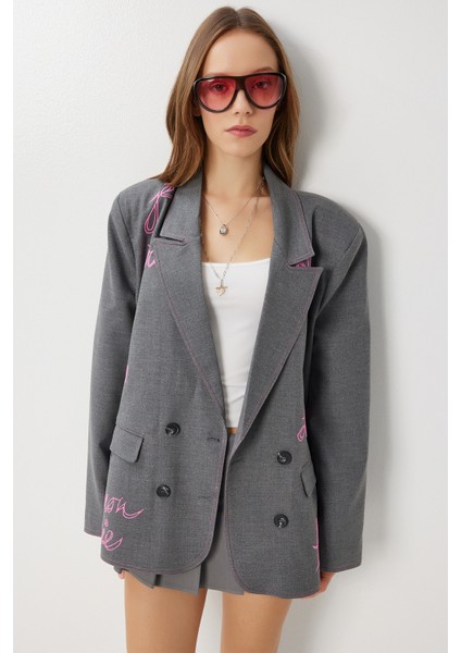 Oversize Vatkalı Işlemeli Dokuma Ceket LRG0054 Antrasit fiyatları