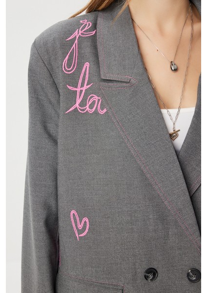 Oversize Vatkalı Işlemeli Dokuma Ceket LRG0054 Antrasit indirimleri