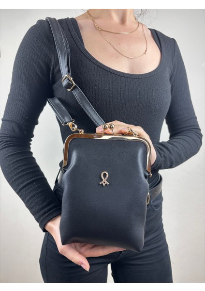 Kadın Suni Deri Siyah Metal Çerçeveli Vintage Mini Boy El Çantası